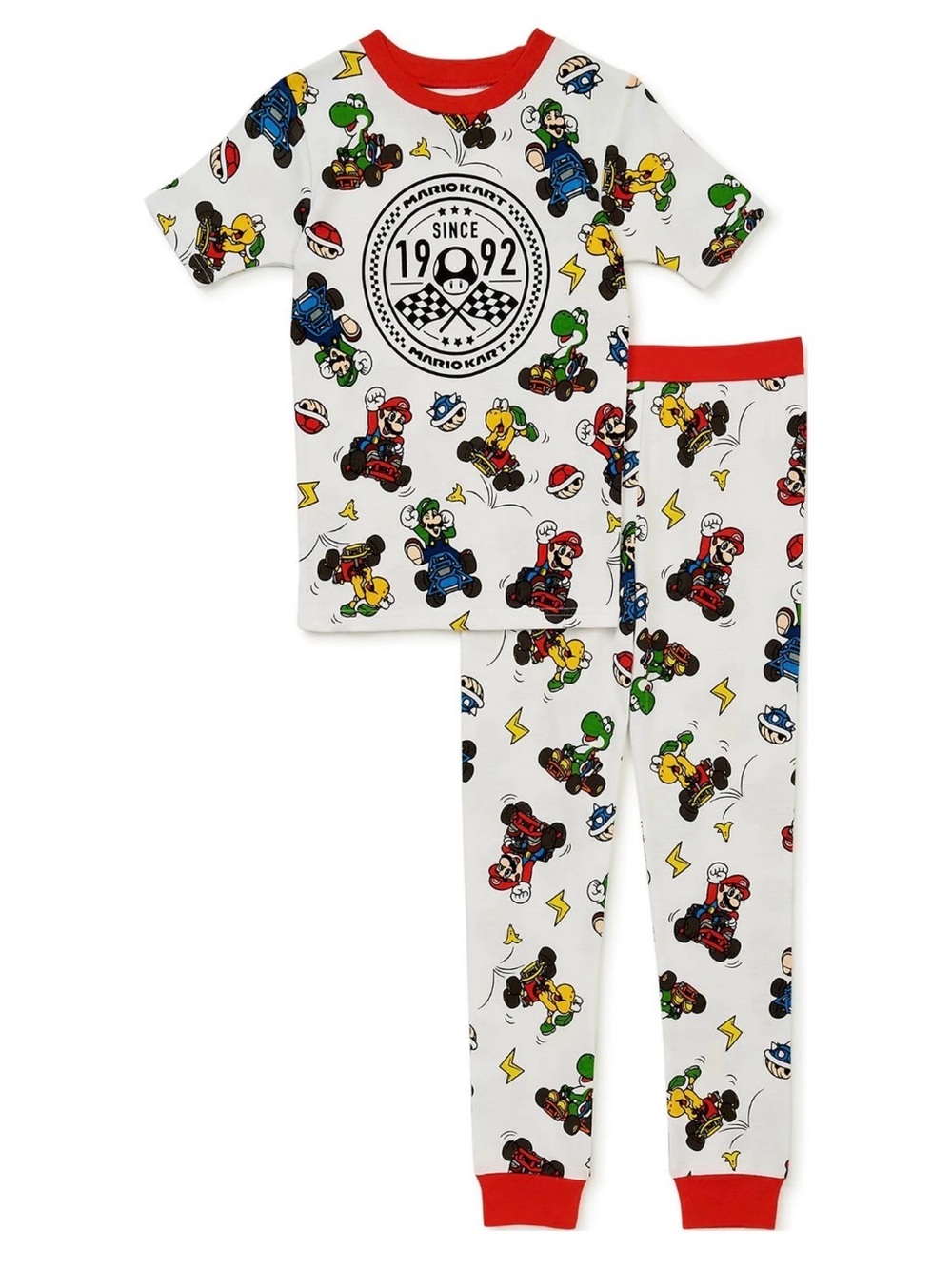 Nintendo Mario Kart White Pajama Set with Red Trim and Multicolor Prints